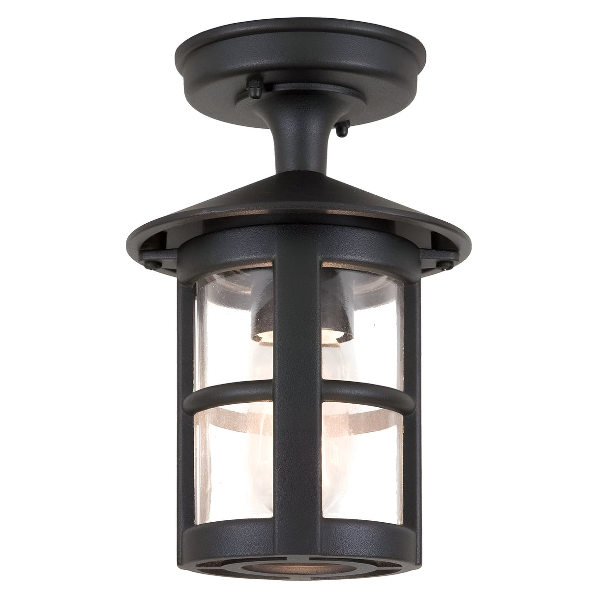 The Hereford-2 1 Light Outdoor Porch Lantern - Black is an outdoor ceiling fixture with a semi-flush mount design, evoking the style of traditional English lanterns. It features a cylindrical glass enclosure and crossbar frame, accentuating the single bulb inside for sophisticated outdoor illumination.