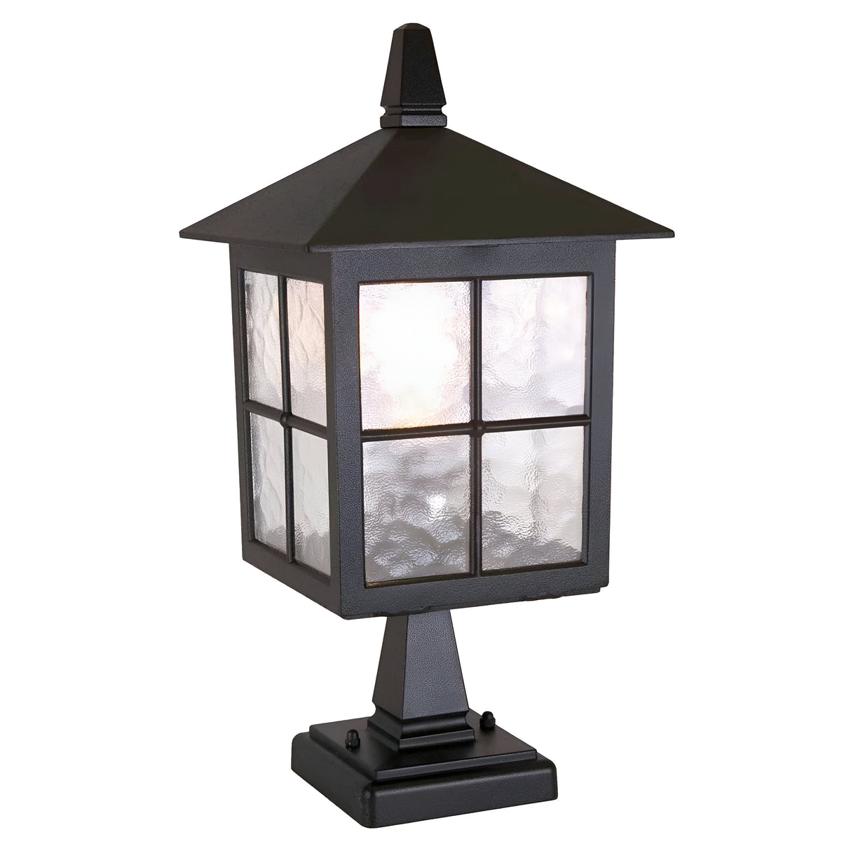 The Winchester 1 Light Pedestal Light - Black, constructed from die-cast aluminum, boasts a pyramid-shaped roof and frosted glass windows. It casts a soft, warm glow from its square base, embodying vintage charm with its classic design.