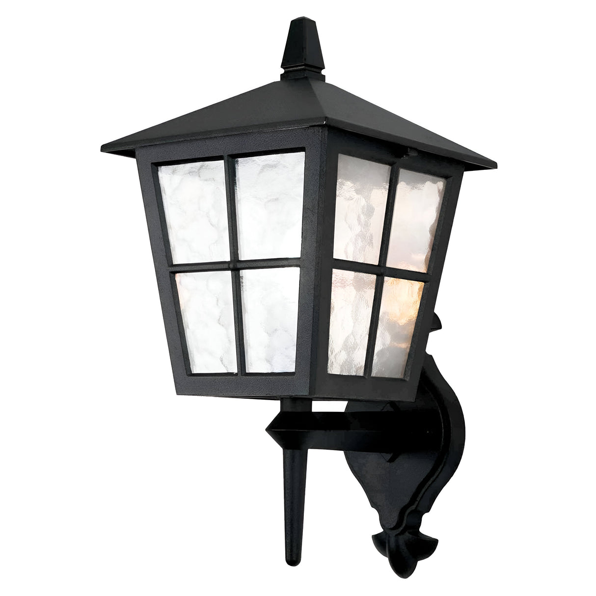 The Canterbury Outdoor Wall Lantern Up - Black features a timeless traditional design with a pointed roof and four glass panels, two of which appear illuminated. Made from die-cast aluminium, it is mounted on an ornate bracket, seamlessly integrating classic style with functional outdoor lighting.