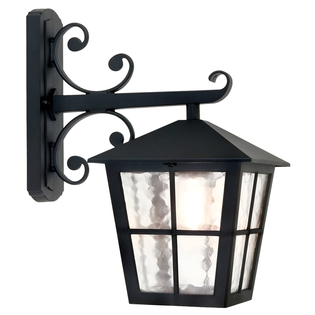The Canterbury Outdoor Wall Lantern Down in Black boasts a classic design, featuring a square glass enclosure and decorative scrollwork on the vertical wall-mounted bracket. Made from durable die-cast aluminum, its textured glass beautifully diffuses the light within.