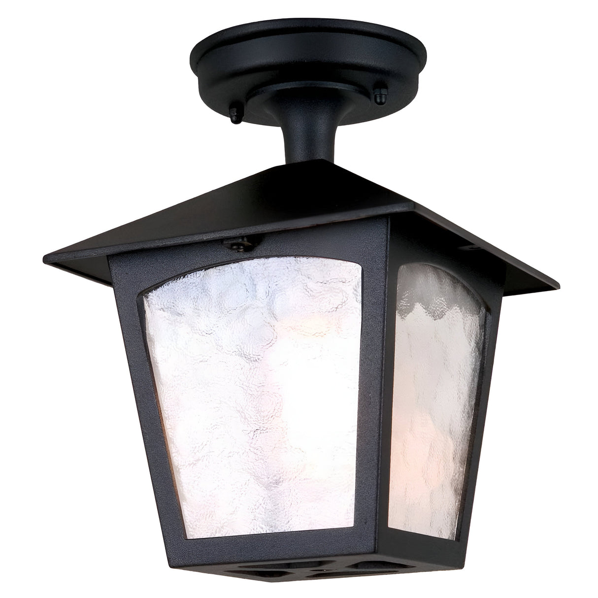 The York 1 Light Outdoor Ceiling Light in black features frosted glass panels and is crafted from durable die-cast aluminum. This semi-flush mount outdoor ceiling fixture showcases a classic, angular design with a square base connected to the ceiling mount. Its vintage aesthetic and soft glow are ideal for outdoor lighting.