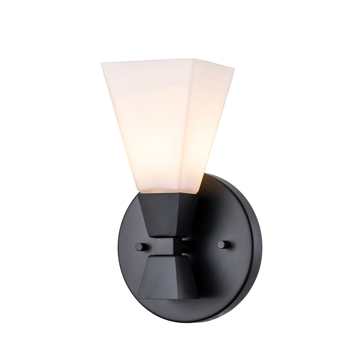 The Bowtie 1 Light Wall Light in Matte Black boasts a modern design with a circular base paired with a white, geometric frosted glass shade. Its minimalistic and sleek style is perfect for contemporary bathroom lighting or adding a touch of elegance to any stylish interior decor.