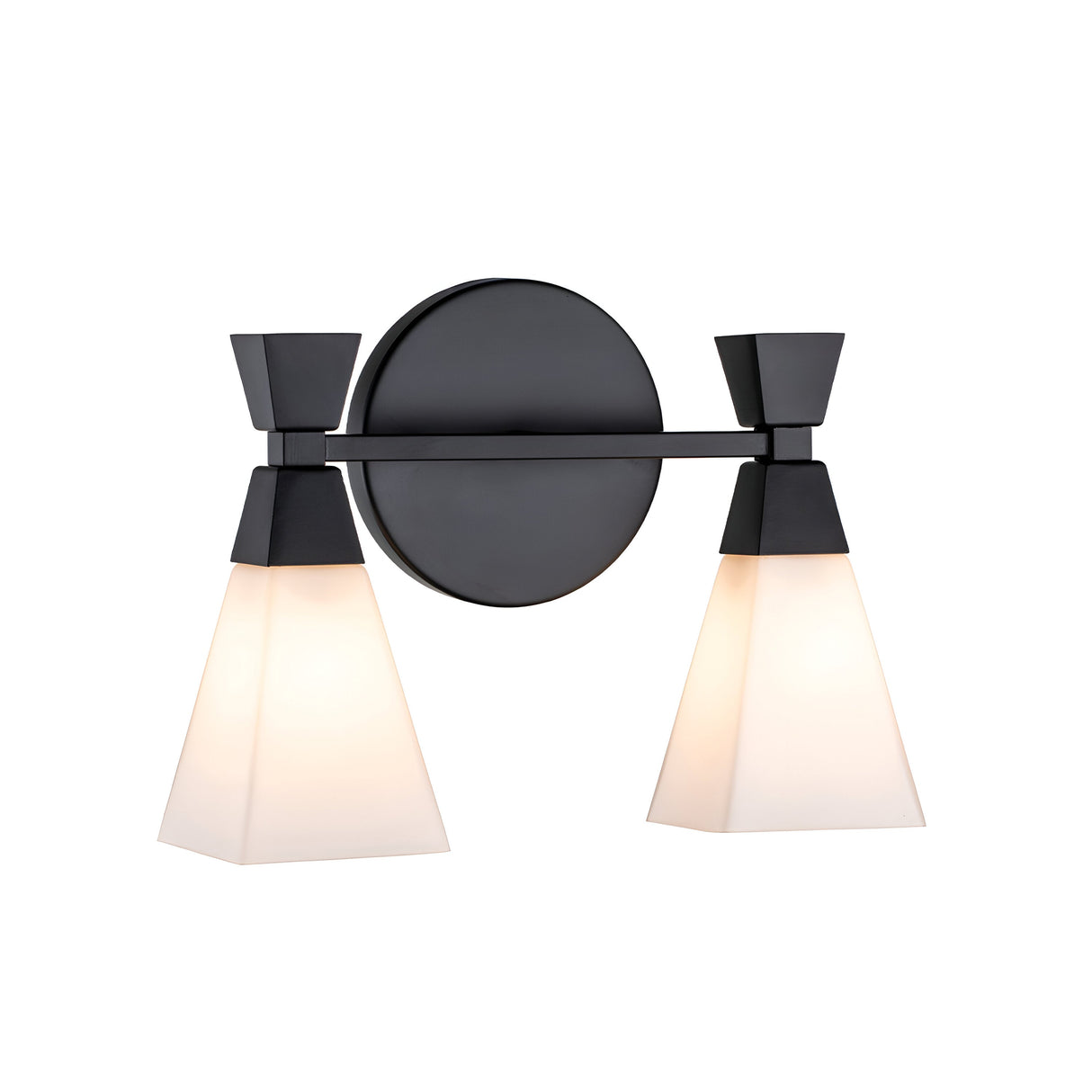 Introducing the Bowtie 2 Light Wall Light in Matte Black, featuring a modern geometrical design with opal glass shades. This elegant fixture showcases two frosted conical lampshades on either side of a sleek circular base, embodying minimalist style that is perfect for refined bathroom lighting.
