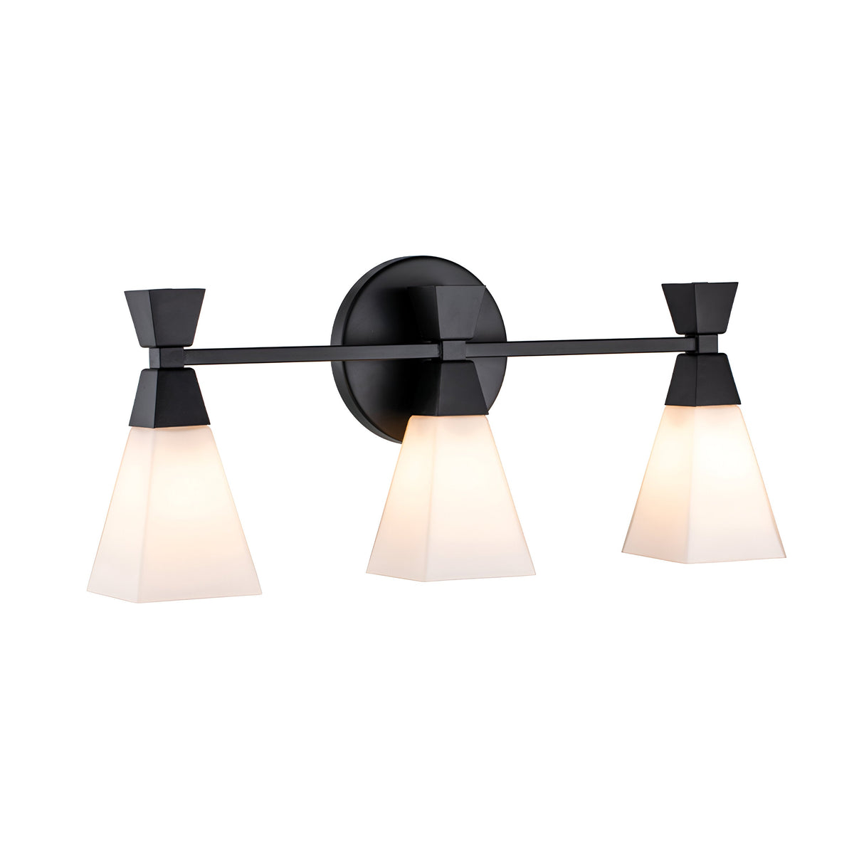Introducing the Bowtie 3 Light Wall Light - Matte Black, a contemporary fixture with an IP44 rating, featuring three cone-shaped frosted glass shades. Its sleek matte black metal design, accented with geometric details, offers a modern and elegant look ideal for any stylish space.