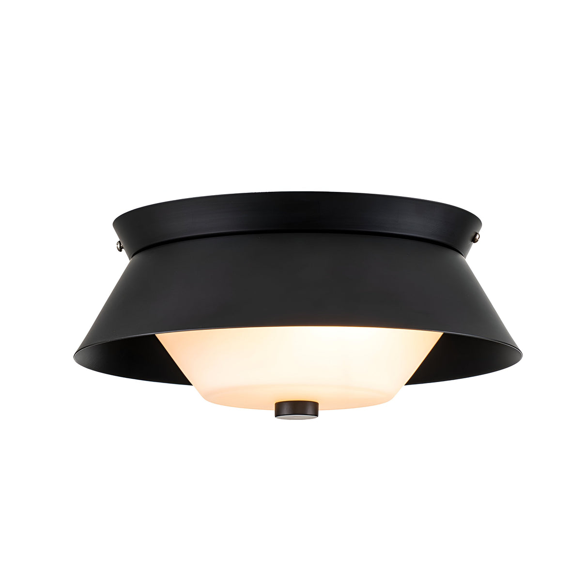 Introducing the Bowtie 2 Light Flush in Matte Black, a contemporary fixture with a sleek shade and frosted glass diffuser. This IP44 rated light features a minimalist design with a broad, flared exterior and central knob, elegantly mounted against a white backdrop.