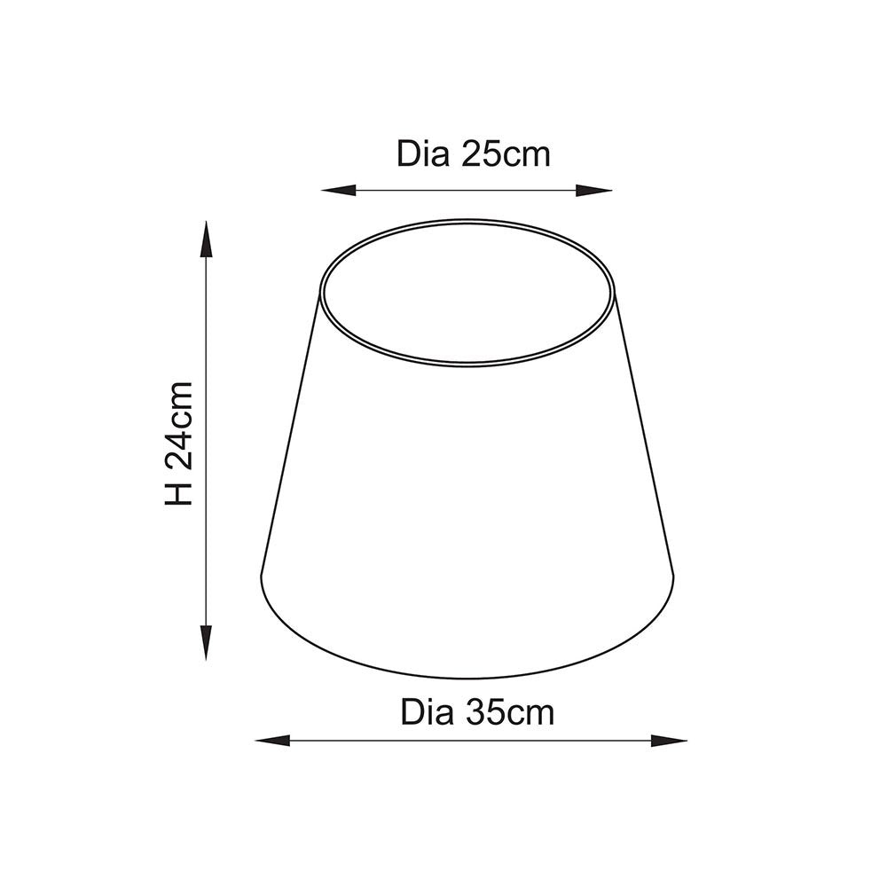 Dimension diagram of the Endon Brockbury tapered lamp shade showing 25cm top diameter, 35cm bottom diameter and 24cm height on a white background.