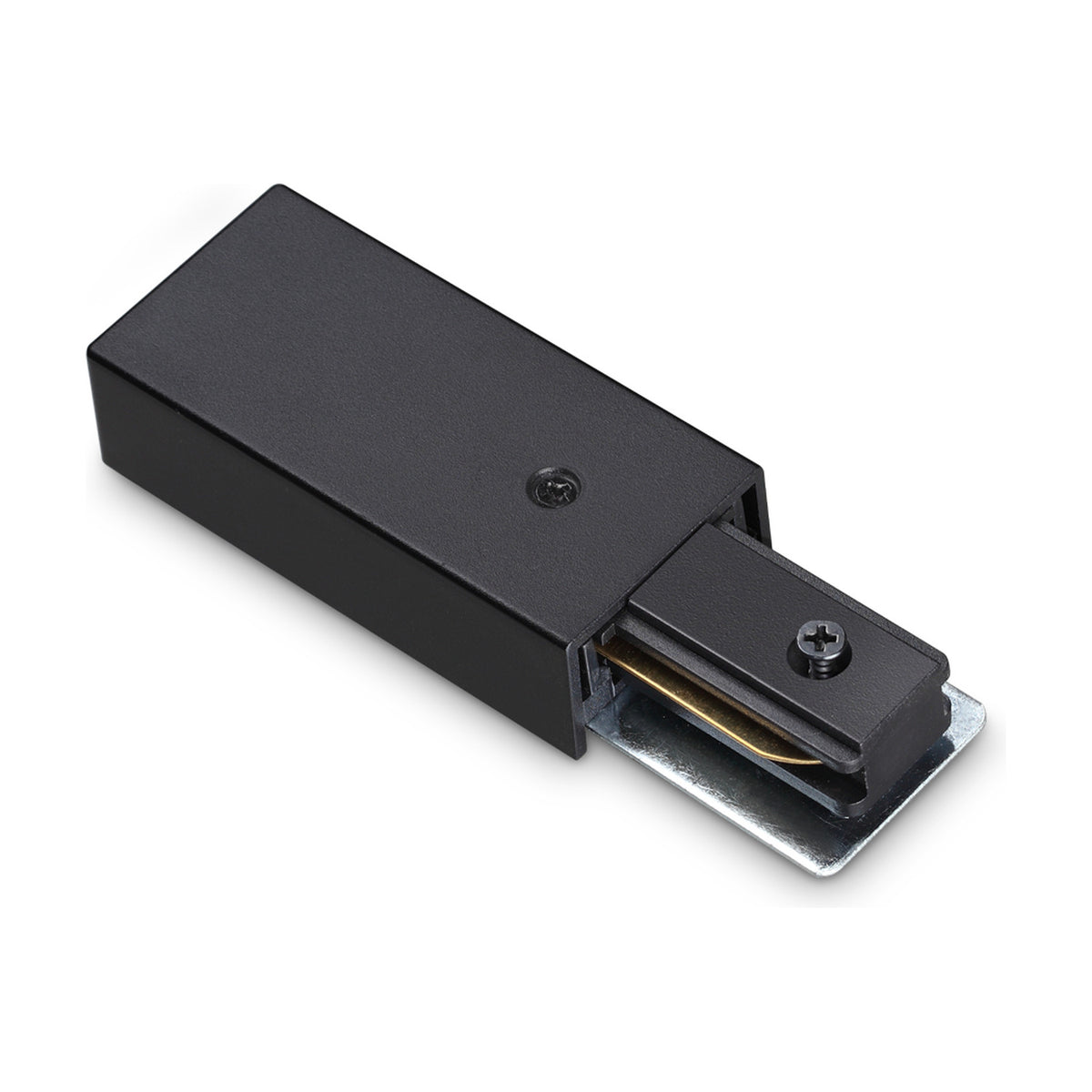 Brillia Surface 1-Phase Track Power Feed in black, a compact rectangular housing with a slimmer connector end and visible screw fixings, shown on a plain white background.