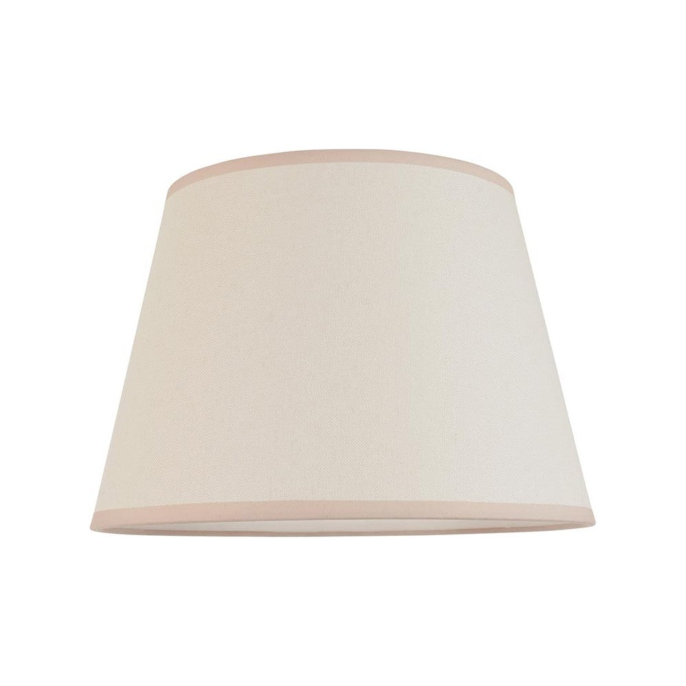 Endon Brockbury 35cm tapered lamp shade in vintage white cotton mix with an almond white taped edge, shown on a plain white background.
