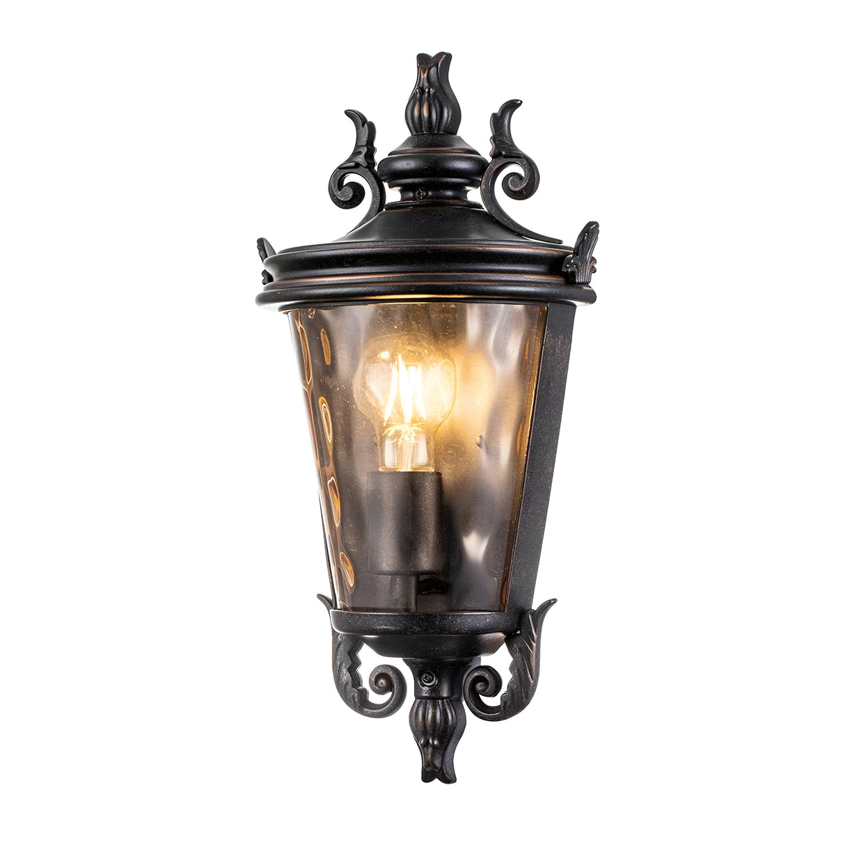 Introducing the Baltimore 1 Light Outdoor Medium Half Lantern in weathered bronze, a vintage-style wall-mounted lantern adorned with intricate decorative details. It features amber-tinted glass that showcases a glowing bulb, beautifully illuminating the surrounding area.