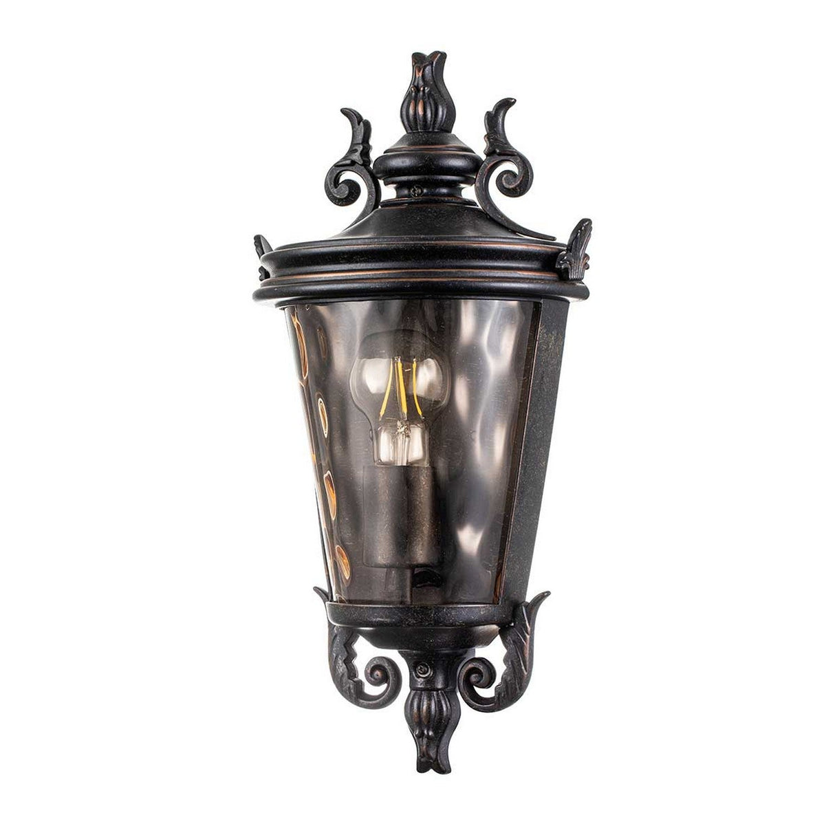 The Baltimore 1 Light Outdoor Medium Half Lantern in weathered bronze showcases an ornate design with a single bulb. Its glass cover, embellished with decorative scrollwork at the top and bottom, features an amber-tinted hue that enhances its elegant and classic appearance.