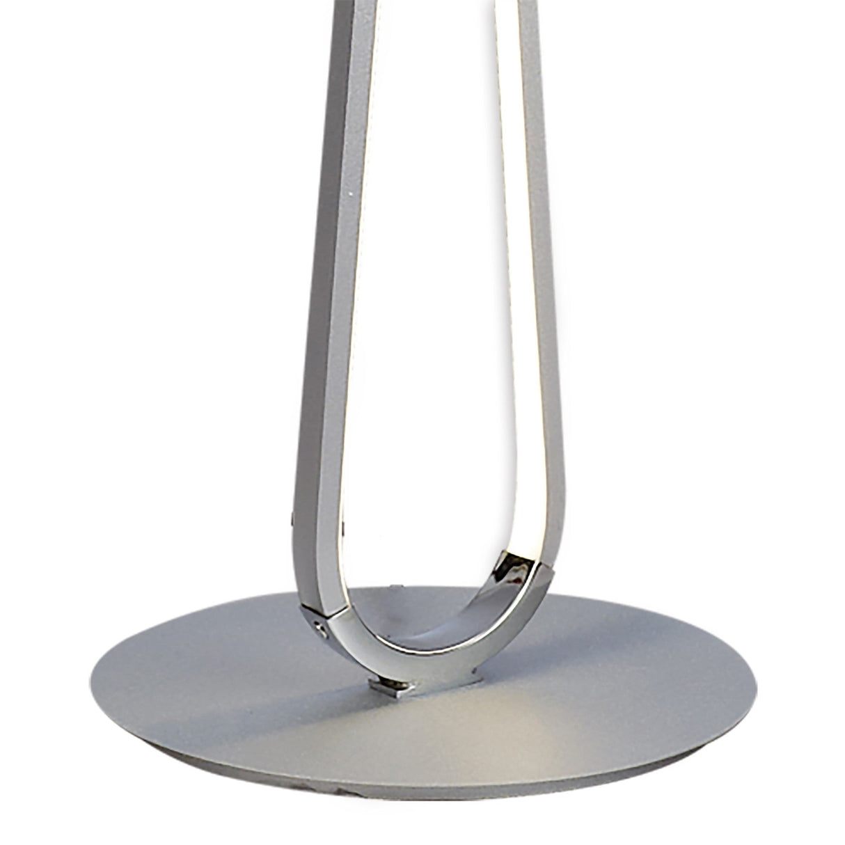 Close-up of the base and lower section of the Bucle Dimmable LED Floor Lamp 50W 3000K in silver & chrome, featuring a circular base and sleek, minimalist design.