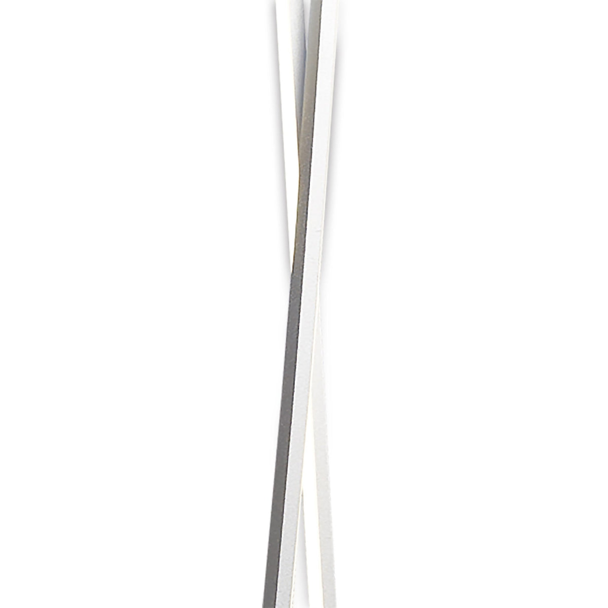 The Bucle Dimmable LED Floor Lamp 50W 3000K in Silver & Chrome features slim, intersecting lines on a white background, evoking the minimalist elegance of its contemporary design.