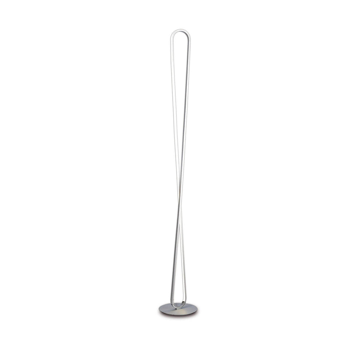 The Bucle Dimmable LED Floor Lamp 50W 3000K in Silver & Chrome features a tall, slim twisted metal frame and round base—ideal for adding modern lighting to any room, shown here against a plain white background.