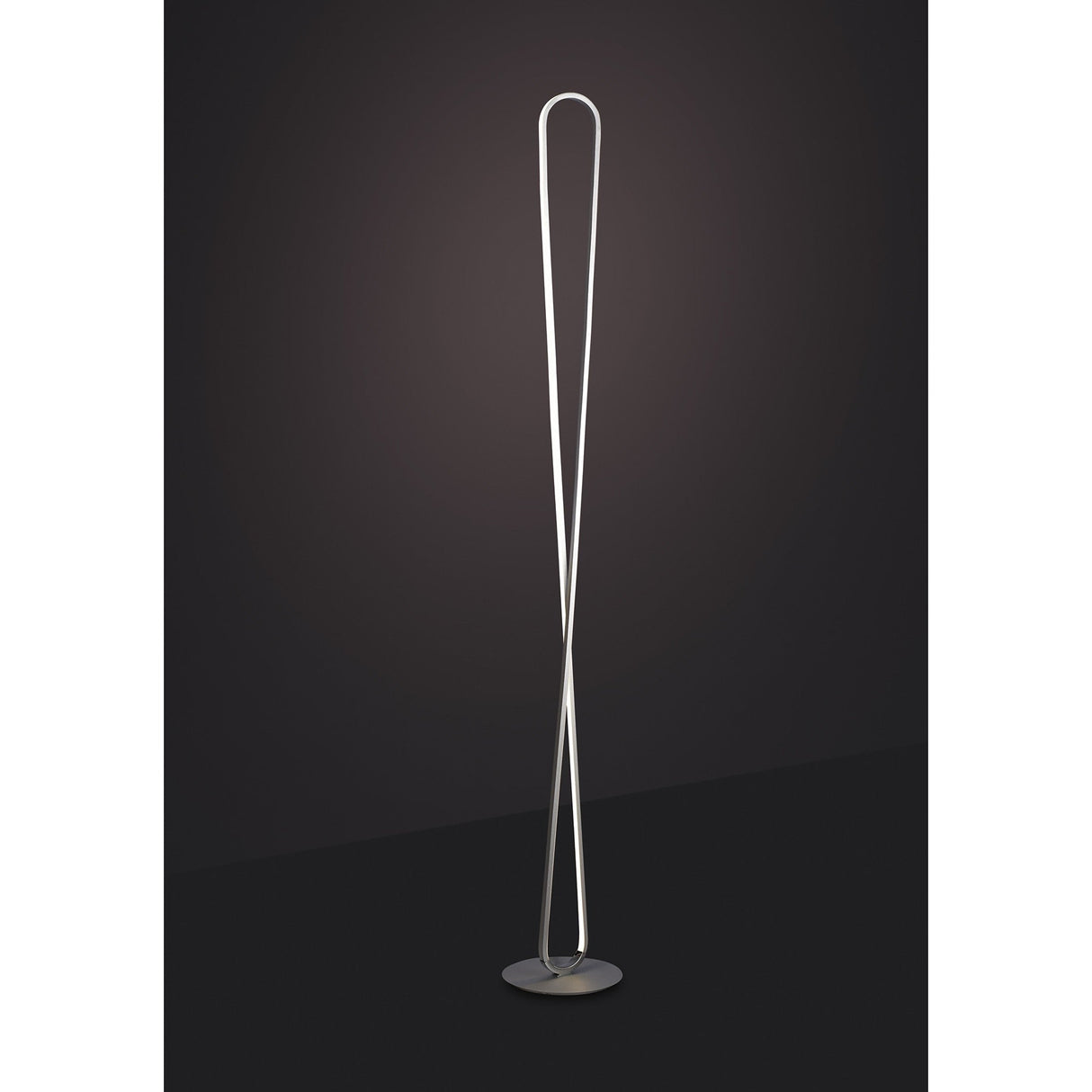 The Bucle Dimmable LED Floor Lamp 50W 3000K in Silver & Chrome features a slim, twisted metal frame looping at the top, on a round base. Its modern design emits soft light along its curved structure, standing out against a dark background.