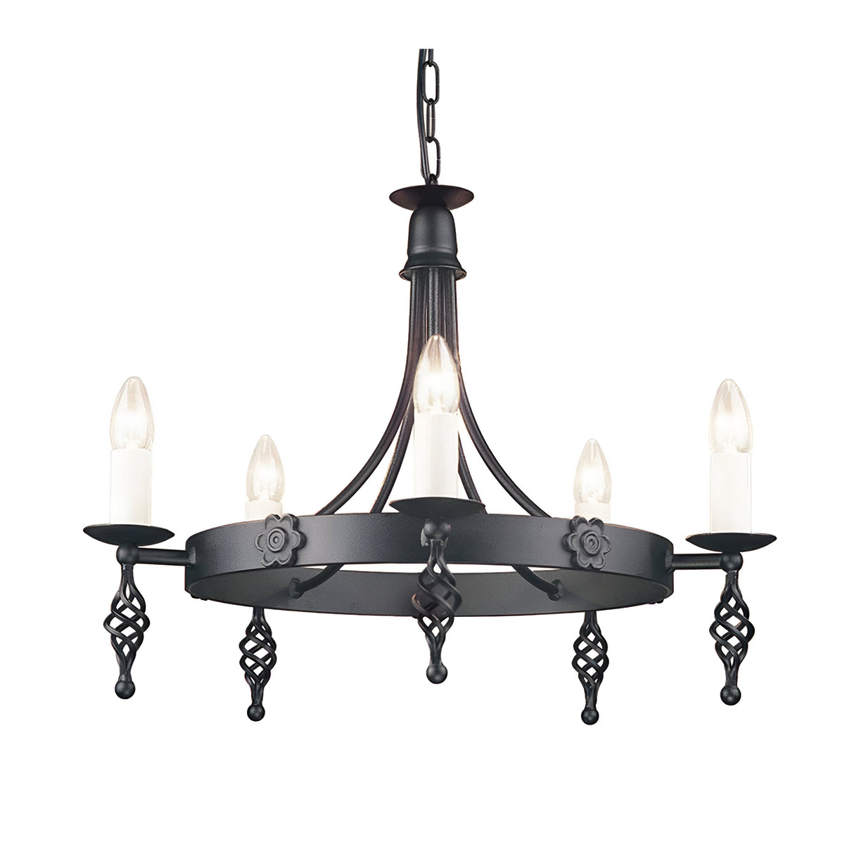 The Belfry 5 Light Chandelier - Black displays exquisite hand-crafted traditional artistry, featuring five candle-shaped lights. This piece, made of black wrought iron, includes delicate floral accents and intricate scrollwork. It gracefully hangs from a chain with the lights evenly distributed around a circular frame.