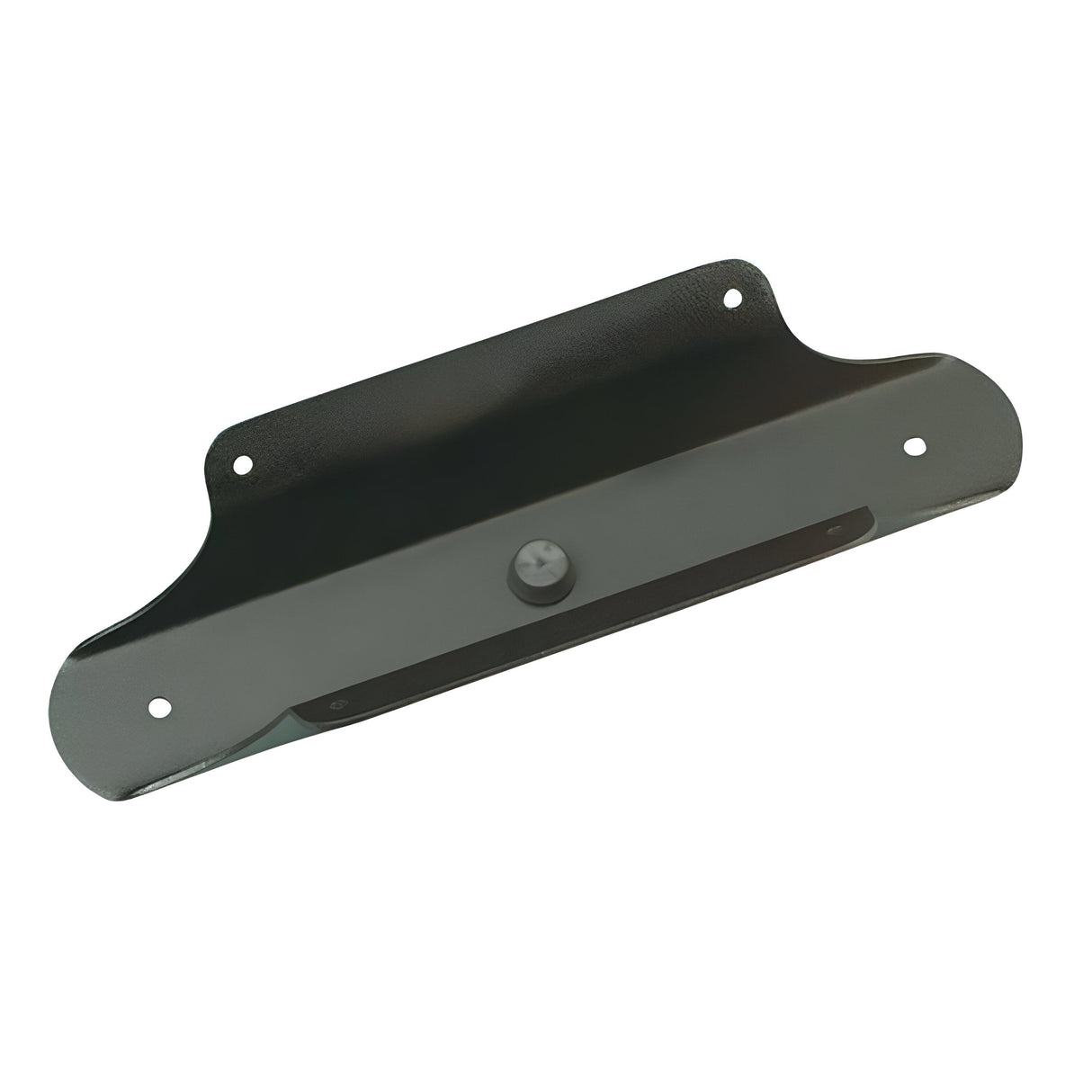 The Corner-2 Brackt - Black is a sleek metal bracket with a curved design, ideal for wall-mounted lights. It features three holes for mounting, with the center hole already equipped with a bolt. The surface boasts a smooth, slightly reflective black finish.