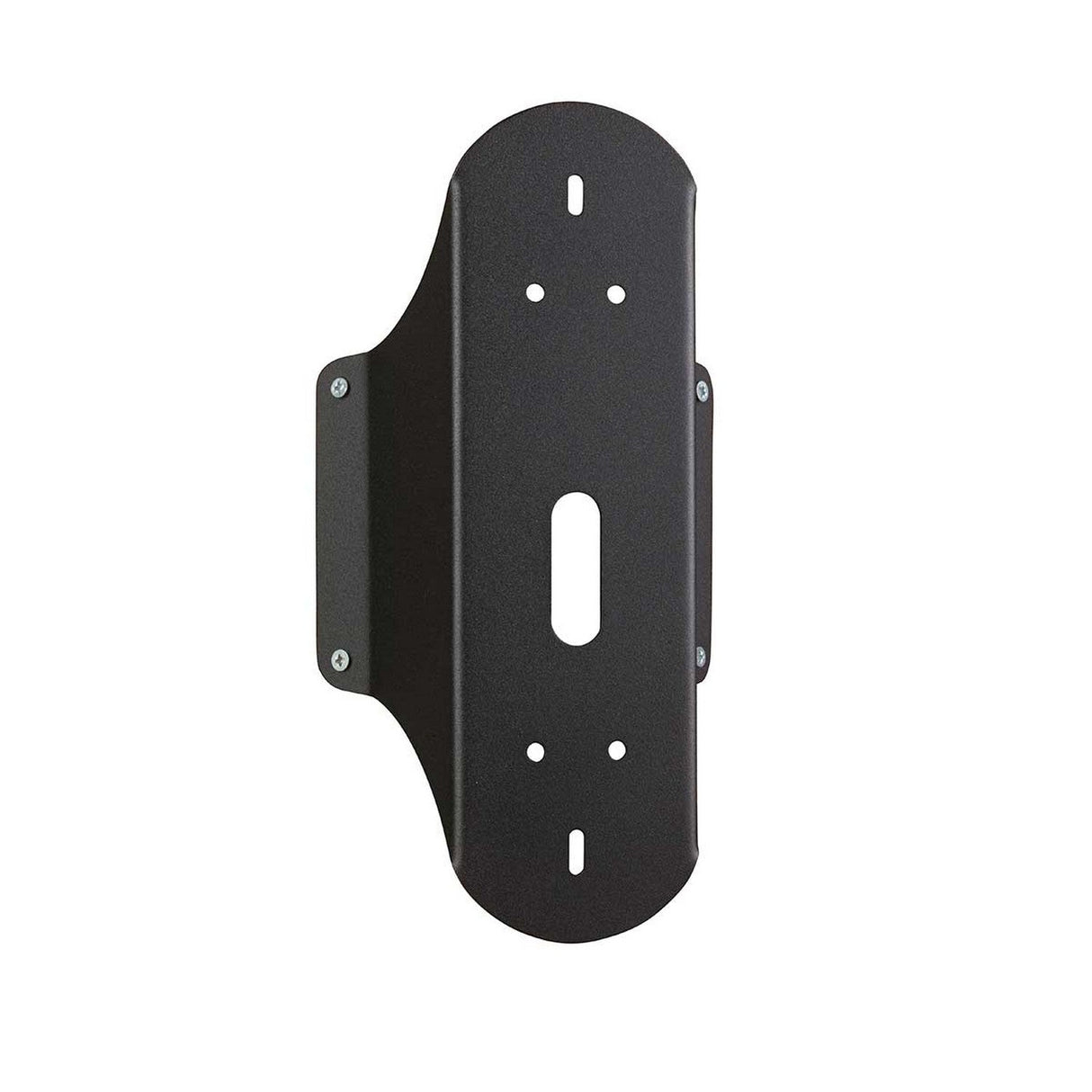 The Corner-2 Brackt - Black is an oval-shaped wall mount bracket with multiple holes for screws, designed for securing objects such as wall-mounted lights. It includes a central elongated opening and several smaller circular holes, allowing for versatile mounting configurations in a sleek black finish.