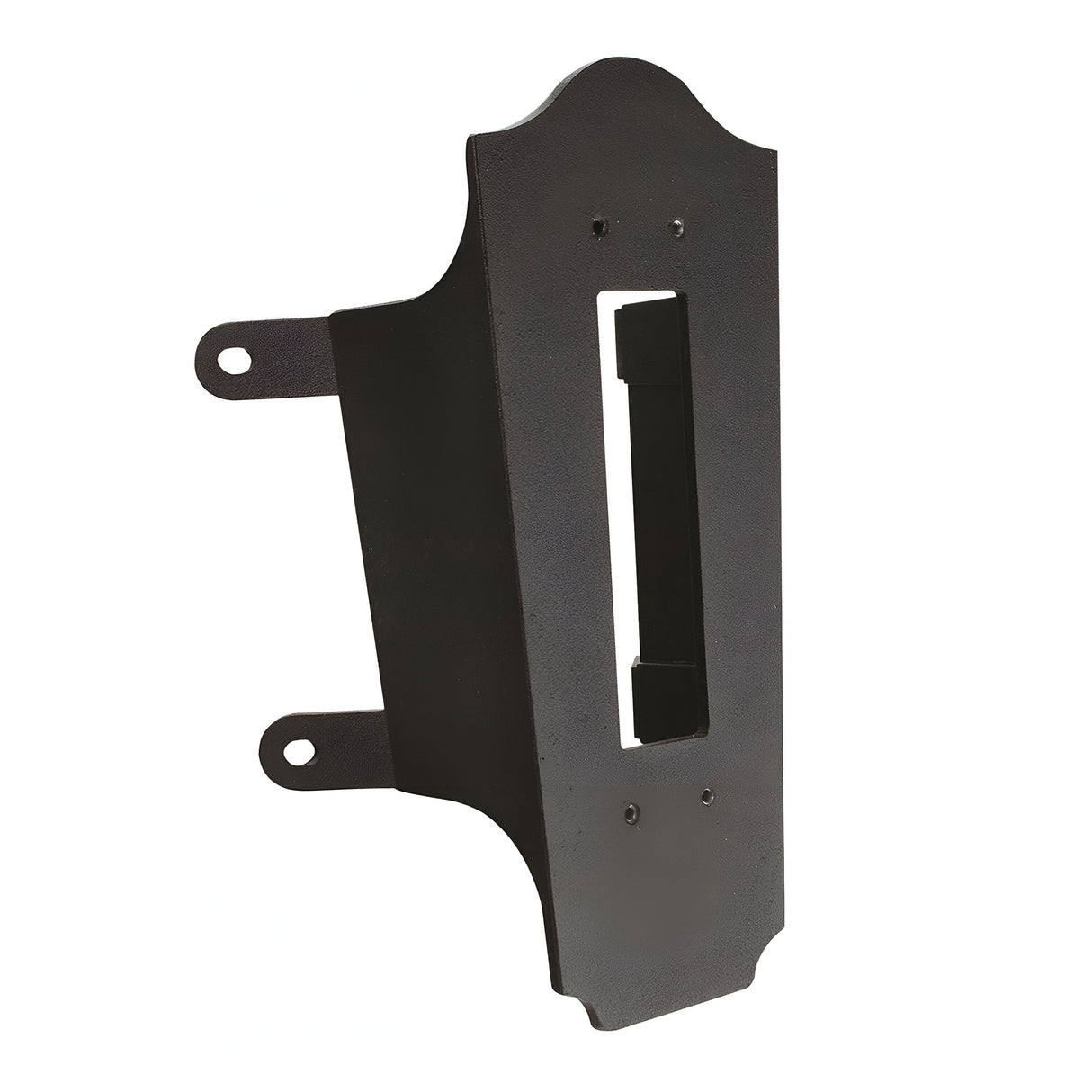 The Corner Bracket 4 - Black is a wall-mounted fixture with a rectangular cutout in the center and two protruding tabs on each side, perfect for securing outdoor wall lights or lantern-style fixtures.