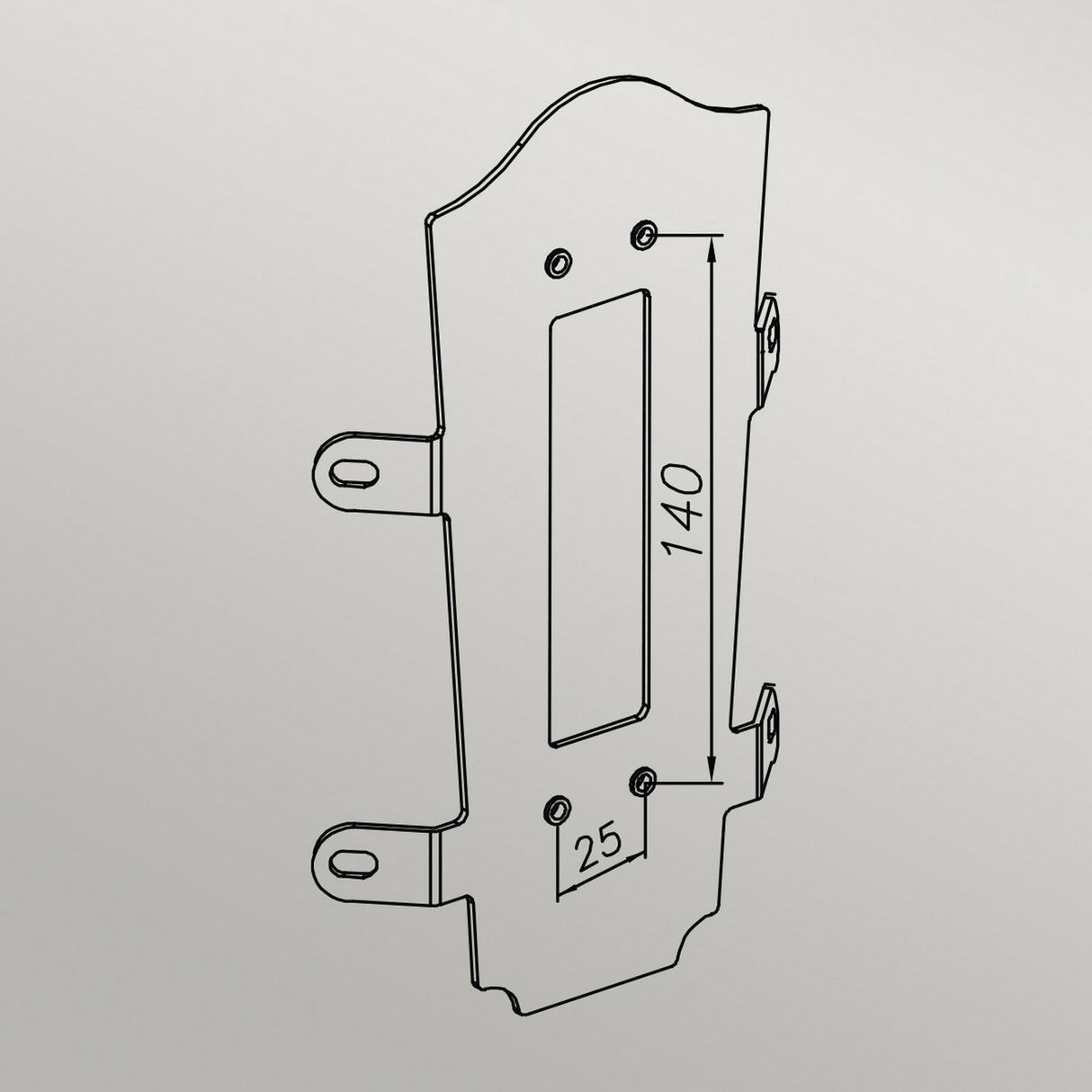 A technical drawing of the Corner Bracket 4 - Black, depicting a side view with labeled dimensions. The illustration features mounting holes and notches, with measurements of 140 mm and 25 mm shown, making it perfect for securing lantern-style fixtures or outdoor wall lights.
