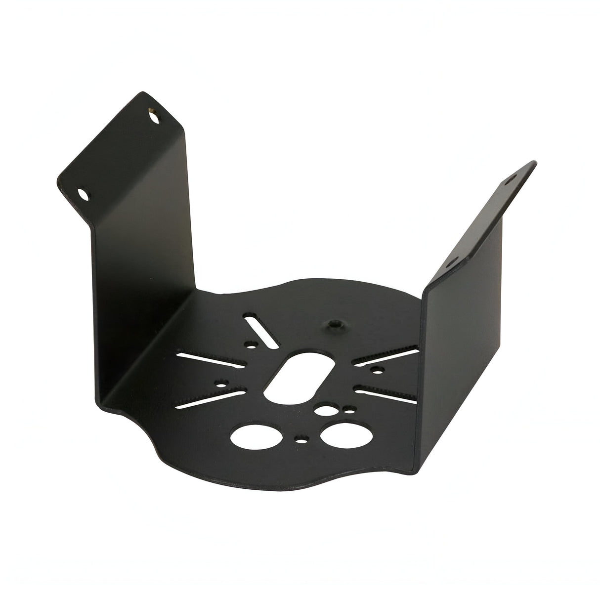The Corner-2 Bracket - Black is designed with a circular base that has multiple holes, along with two angled arms extending upward on opposite sides. It is ideal for mounting or supporting various objects, such as wall lights, and offers versatile solutions for both indoor and outdoor use.