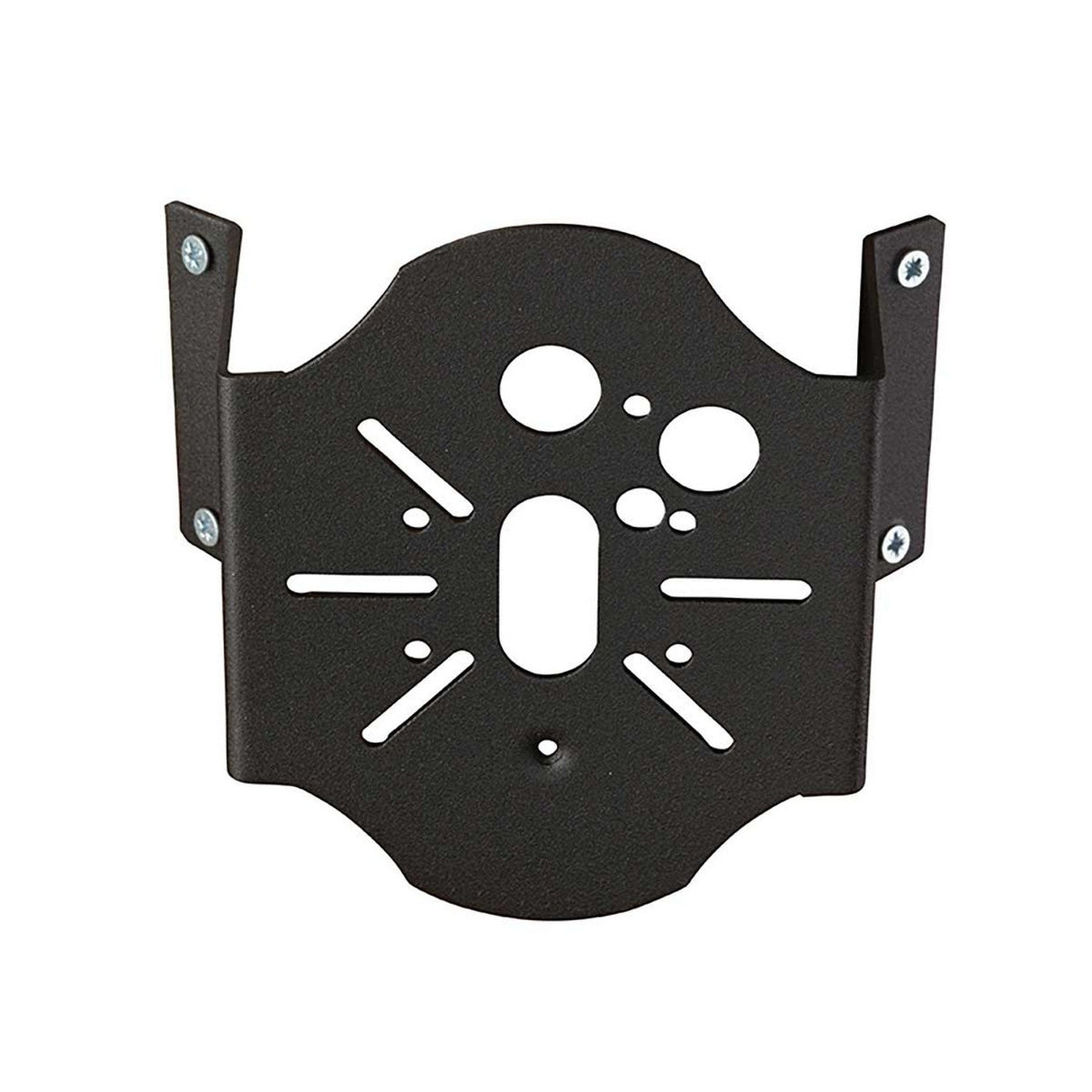Introducing the Corner-2 Bracket - Black, a sturdy metal corner bracket featuring multiple holes and cutouts, specifically designed to support electronic devices. Perfect for outdoor applications, it includes two side extensions with screw holes, ensuring seamless installation and making it ideal for effortlessly securing wall lights or other fixtures.
