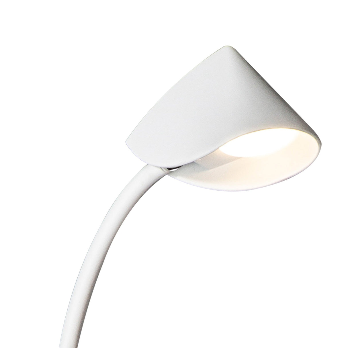 A close-up of the Capuccina LED Floor Lamp 8.5W 3000K in white, featuring a curved neck and cone-shaped shade, illuminated against a white background to showcase its modern design and ambient lighting.