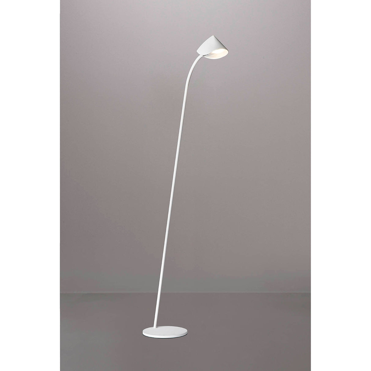 The Capuccina LED Floor Lamp 8.5W 3000K in White features a slim, angled stem and small cone-shaped shade on a circular base, providing ambient light against a plain gray background.