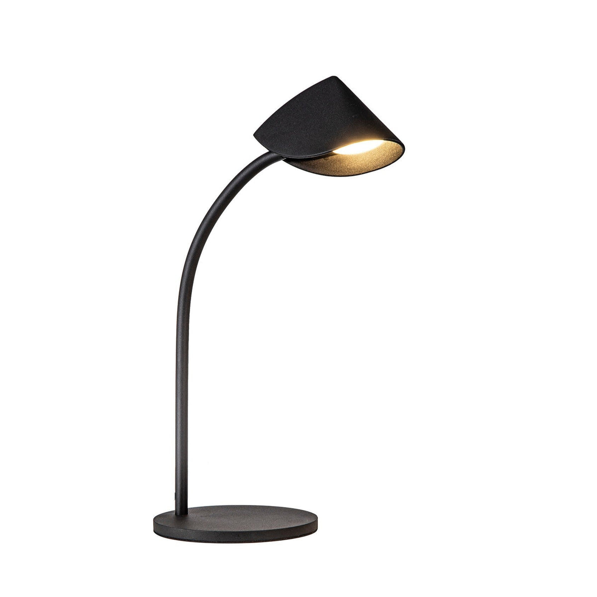 Capuccina Small LED table lamp with folded cone shade in matt black on a curved stem and circular base, shown against a plain white background.