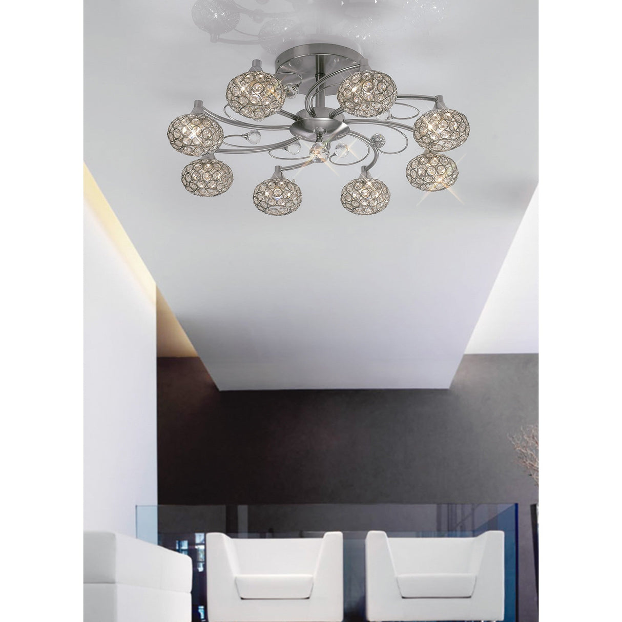 Cara 8 Light Crystal Semi-Flush Ceiling Light - Satin Nickel
