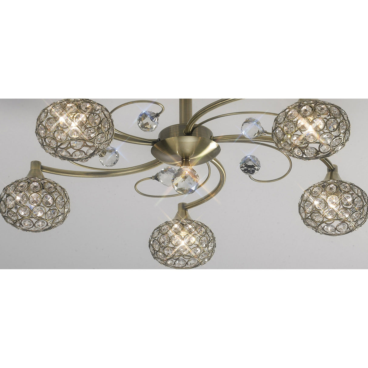 Cara 5 Light Crystal Semi-Flush Ceiling Light - Antique Brass