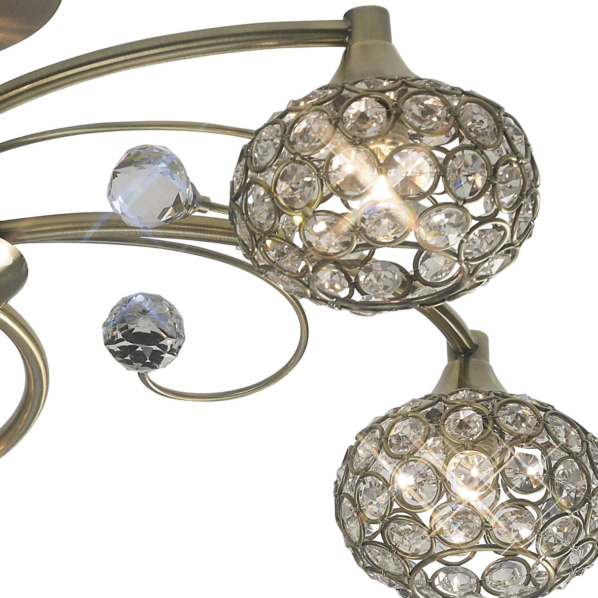 Cara 5 Light Crystal Semi-Flush Ceiling Light - Antique Brass