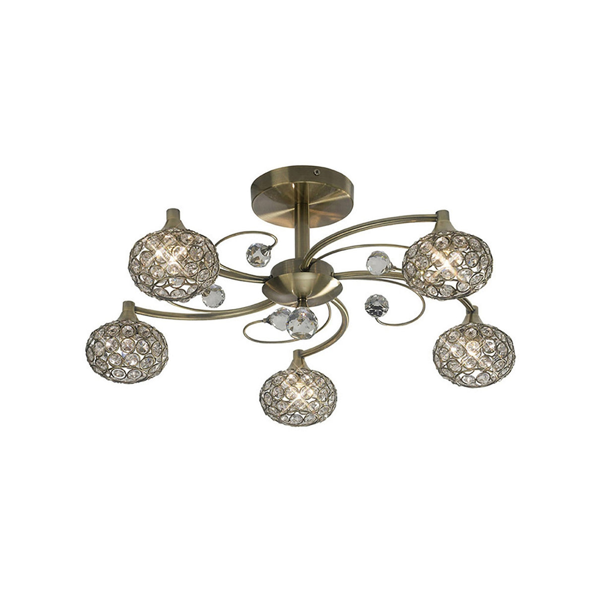Cara 5 Light Crystal Semi-Flush Ceiling Light - Antique Brass
