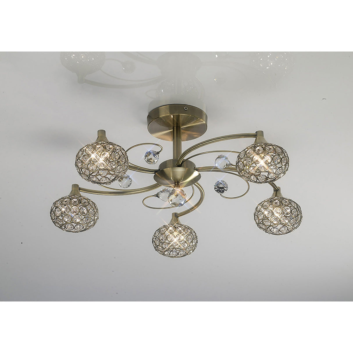 Cara 5 Light Crystal Semi-Flush Ceiling Light - Antique Brass