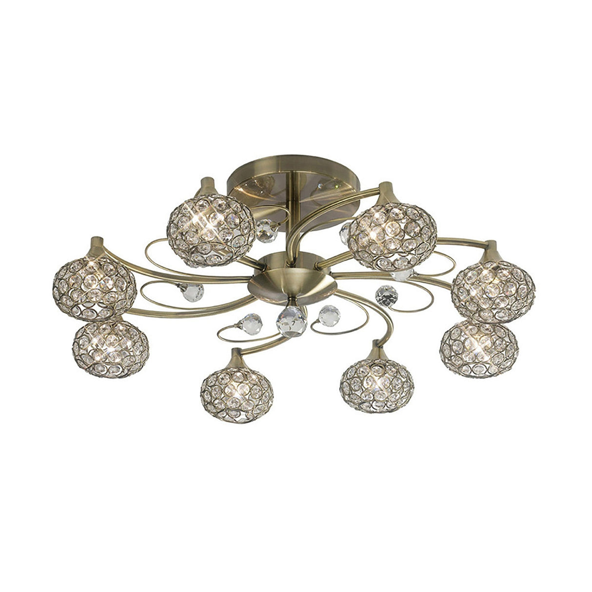 Cara 8 Light Crystal Semi-Flush Ceiling Light - Antique Brass