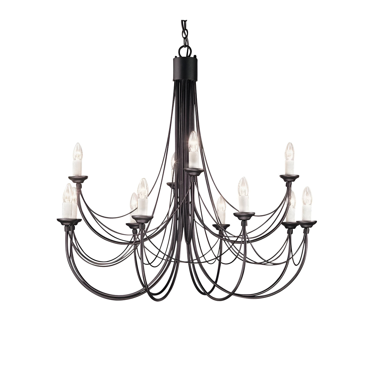Introducing the Carisbrooke 12 Light Chandelier in Black, this stunning piece features twelve candle-shaped lights arranged in two elegant tiers. Hanging gracefully from a chain, its design combines sleek, curved arms with a simple yet sophisticated structure, perfectly merging traditional charm with a touch of dramatic flair.