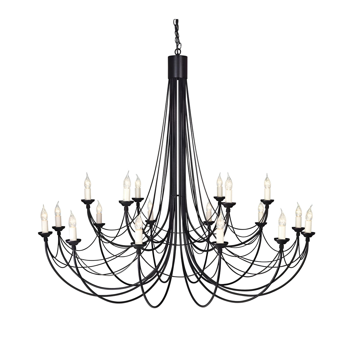 The Carisbrooke 18 Light Chandelier in Black is a grand and elegant Gothic-inspired piece with multiple tiers featuring numerous candle-shaped light bulbs. It showcases an intricate design, complete with candelabra-style arms and hand-bound wire drapes that gracefully extend from the center column.