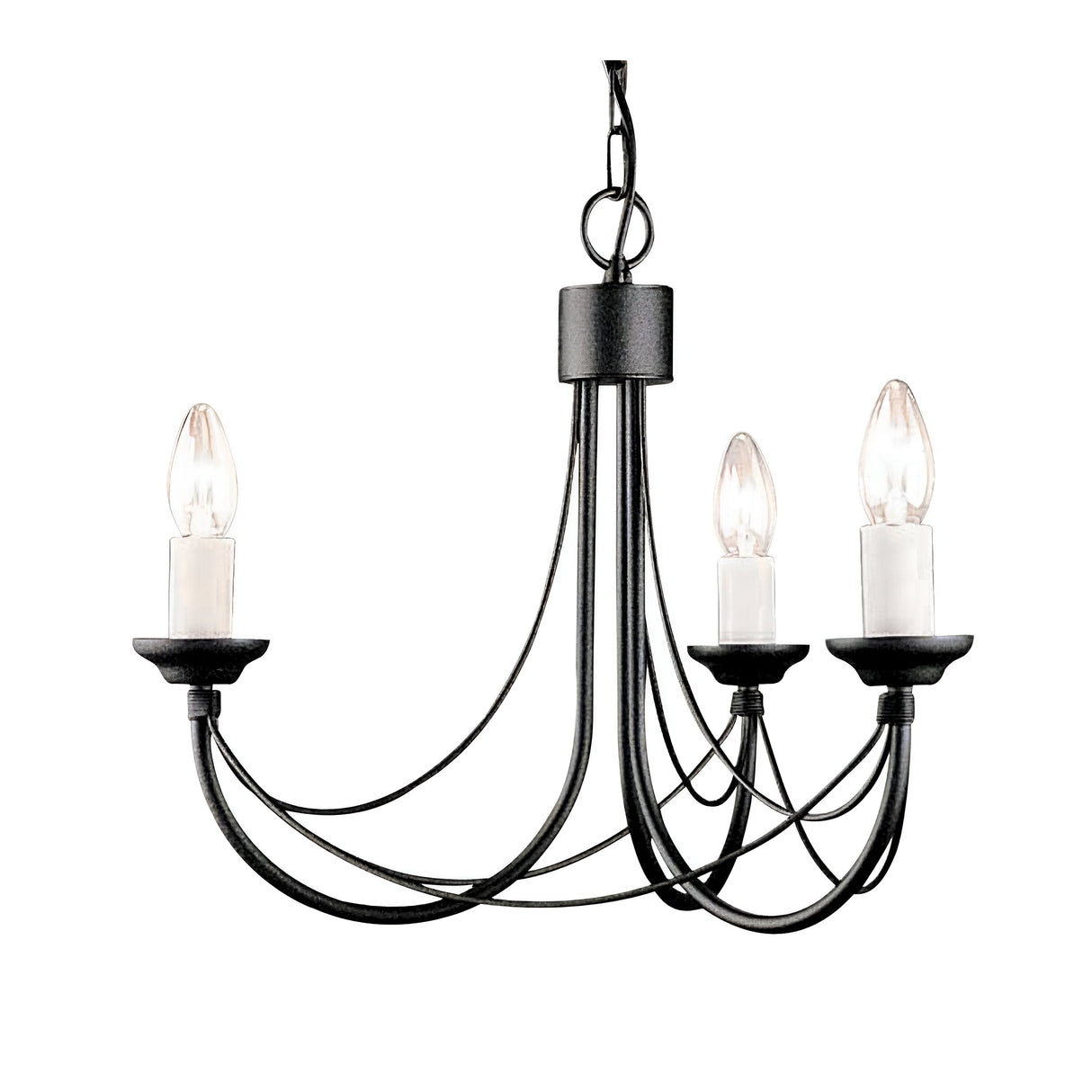 The Carisbrooke 3 Light Chandelier - Black showcases a candelabra-style silhouette with three candle-style light bulbs on gracefully curved arms, hanging from a chain. Its black wrought iron construction lends a Gothic-inspired design, providing simple elegance that complements various interior decor styles.
