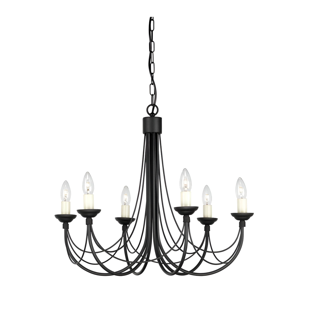 A black wrought iron chandelier with eight gracefully curved arms, each supporting a candle-shaped bulb, radiates Gothic elegance. Suspended from a chain, it showcases a straightforward yet sophisticated design that echoes the vintage charm of the Carisbrooke 6 Light Chandelier - Black.