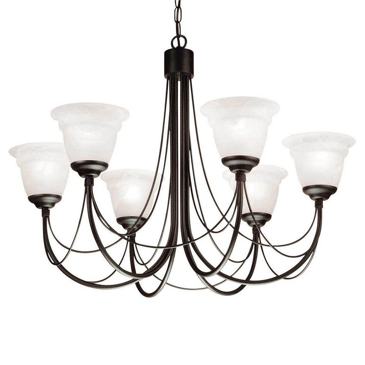 The Carisbrooke 6 Light Chandelier - Black features a black metal frame with frosted glass shades, giving it a vintage ambiance. Its gracefully curved arms contribute to its classic Gothic elegance, and the chandelier hangs from a chain, making it a timeless and stylish focal point.