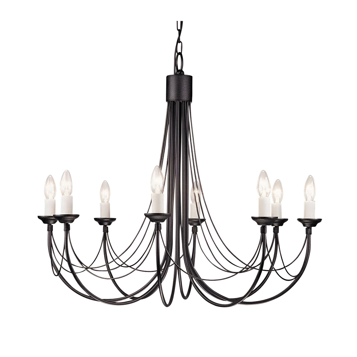 The Carisbrooke 8 Light Chandelier - Black features eight candle-shaped bulbs arranged in a circle, exuding vintage charm. Its elegant metal arms with Gothic-inspired curves are suspended by a robust chain, casting a soft and warm glow that enhances any room.