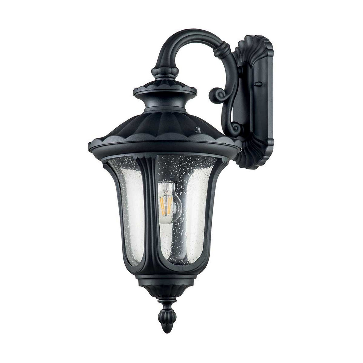 The Chicago Outdoor Medium Wall Lantern - Black is a classic lighting solution that blends vintage charm with traditional design. It features a curved arm and a clear glass enclosure, highlighting the bulb with textured, bubbly glass for an enhanced nostalgic effect.