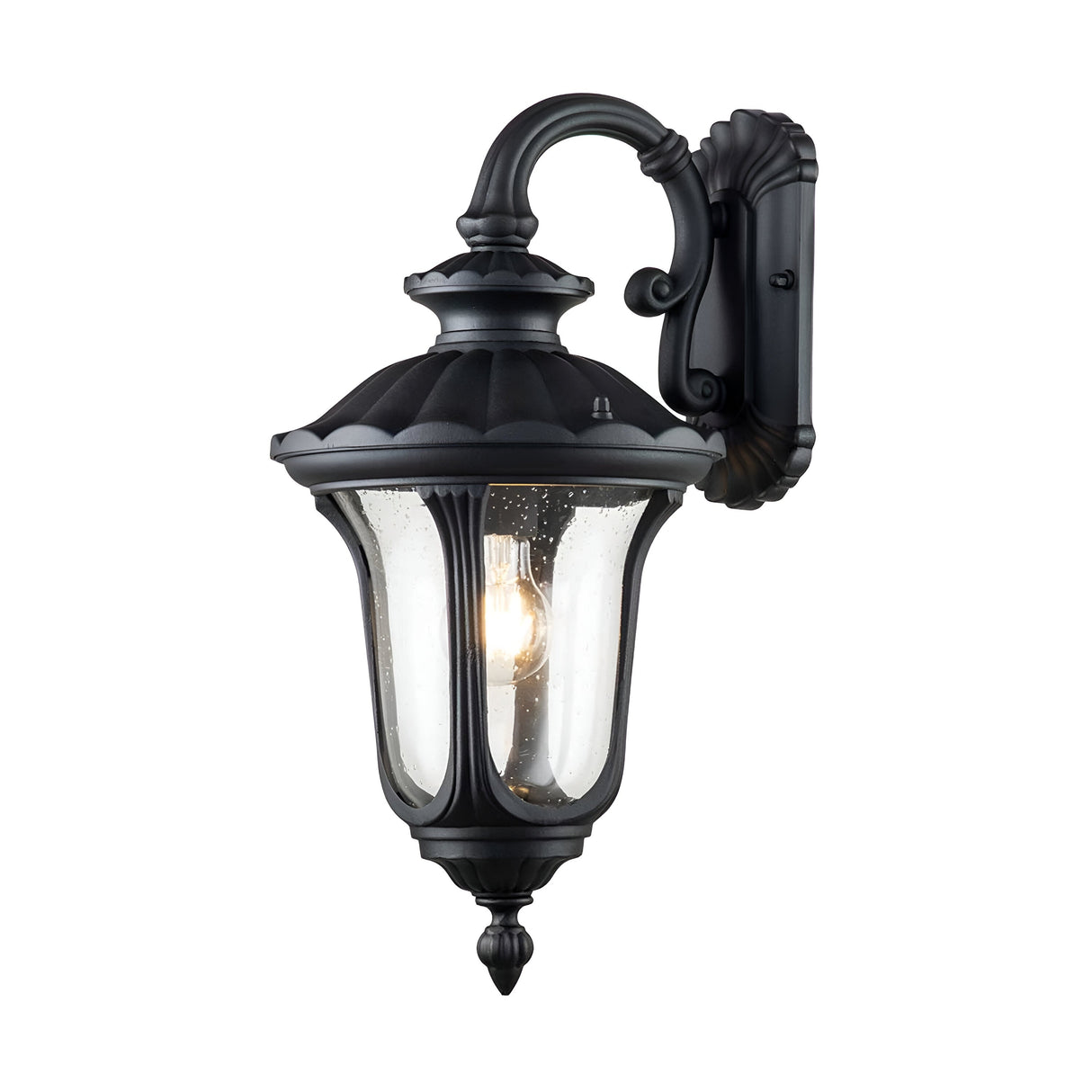 The Chicago Outdoor Small Wall Lantern - Black is a vintage-style fixture made from durable aluminum. It features a curved arm and clear glass panels, highlighting its visible lightbulb and underscoring the lantern's vintage elegance and classic design.
