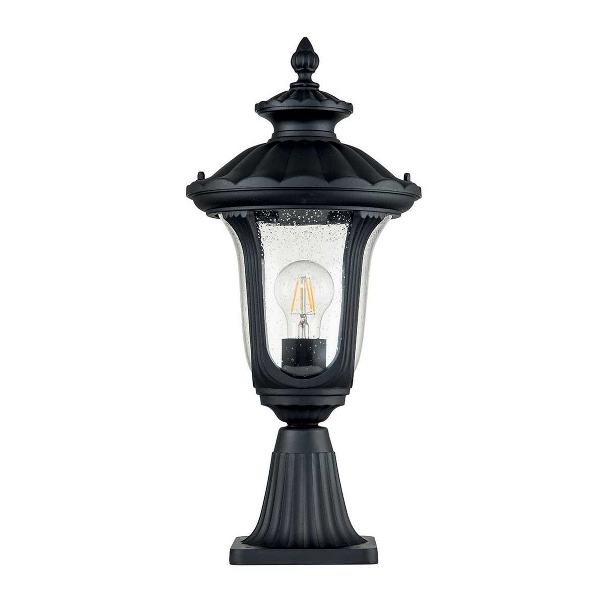 Introducing the Chicago Small Pedestal Lantern - Black: This stylish outdoor lantern boasts a vintage design, complete with a clear glass enclosure that elegantly houses a single light bulb. Featuring a decorative top and fluted base, it is perfect for illuminating your garden or adding charm to your porch.