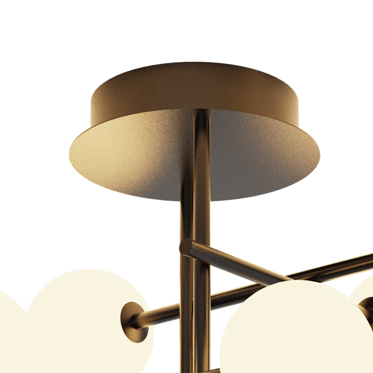 Close-up of the Mantra Cellar semi-flush ceiling light showing the matt black canopy, central hub, and radial arms holding opal glass globes.