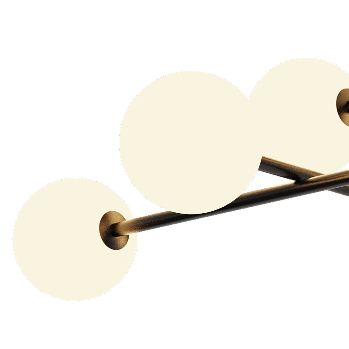 Close-up of Mantra Cellar semi-flush ceiling light showing opal glass globes on slender black metal arms against a white background.