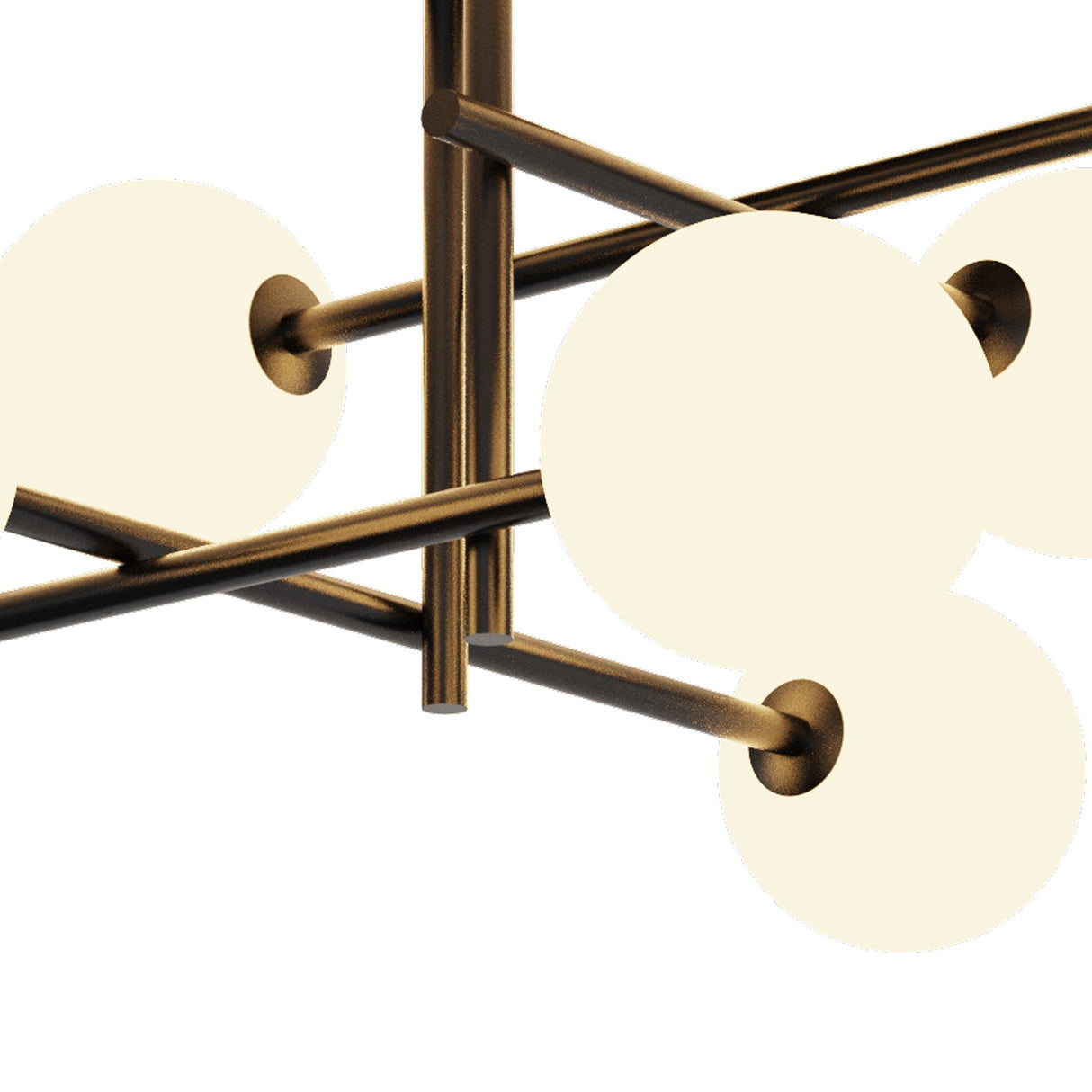 Close-up of Mantra Cellar semi-flush ceiling light showing opal glass globes on black metal arms radiating from a central hub against a white background.