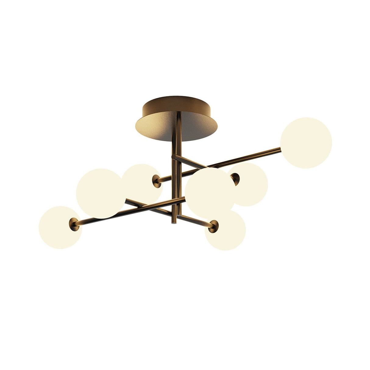 Mantra Cellar semi-flush ceiling light with seven opal glass globes on black metal arms radiating from a central hub, shown on a white background.