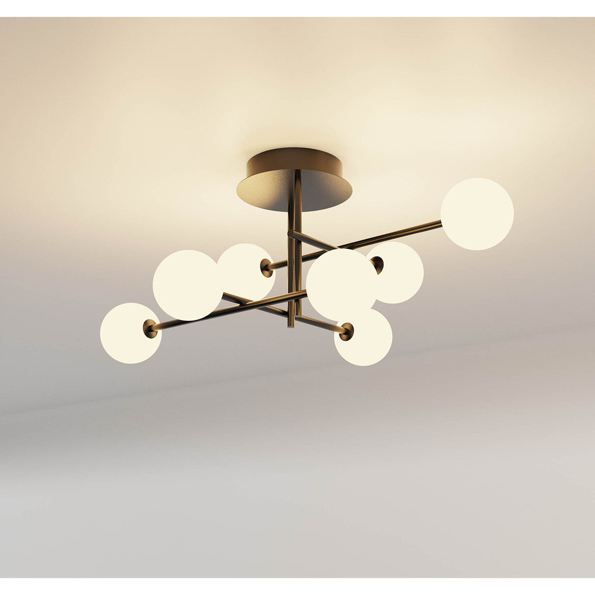 Mantra Cellar semi-flush ceiling light with seven opal glass globes on radial black metal arms extending from a central canopy.
