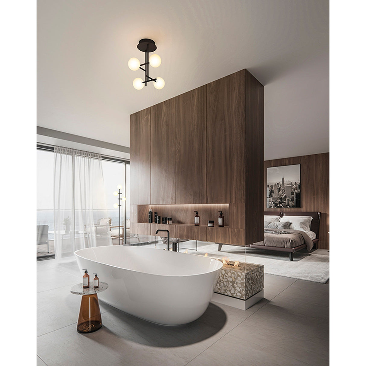 Modern bathroom featuring a white freestanding tub, small side table, wooden partition, and large windows letting in natural light—all complemented by the Cellar LED Floor Lamp 5W 3000K - Black and a contemporary ceiling fixture.
