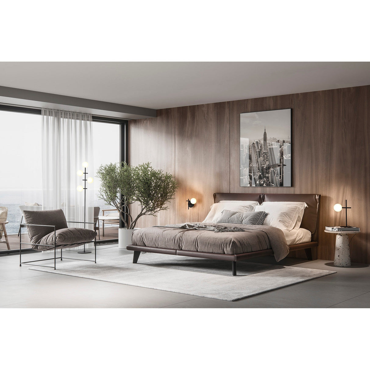 A modern bedroom features a large bed with gray bedding, a chair, a side table, and the Cellar LED Floor Lamp 5W 3000K - Black next to a potted tree. Sheer curtains on floor-to-ceiling windows and a cityscape picture complete the wood-paneled space.